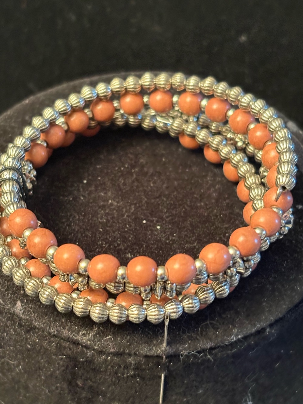 Multi-Strand dark Coral Bead and Silver Coil Wrap Bracelet